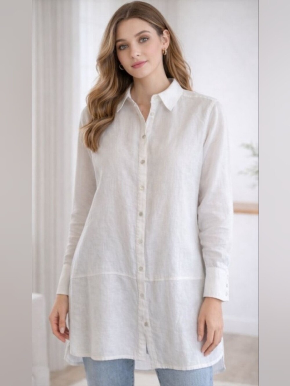 Tahari White 100% Linen Button Down Tunic Shirt Roll Tab Sleeves Size